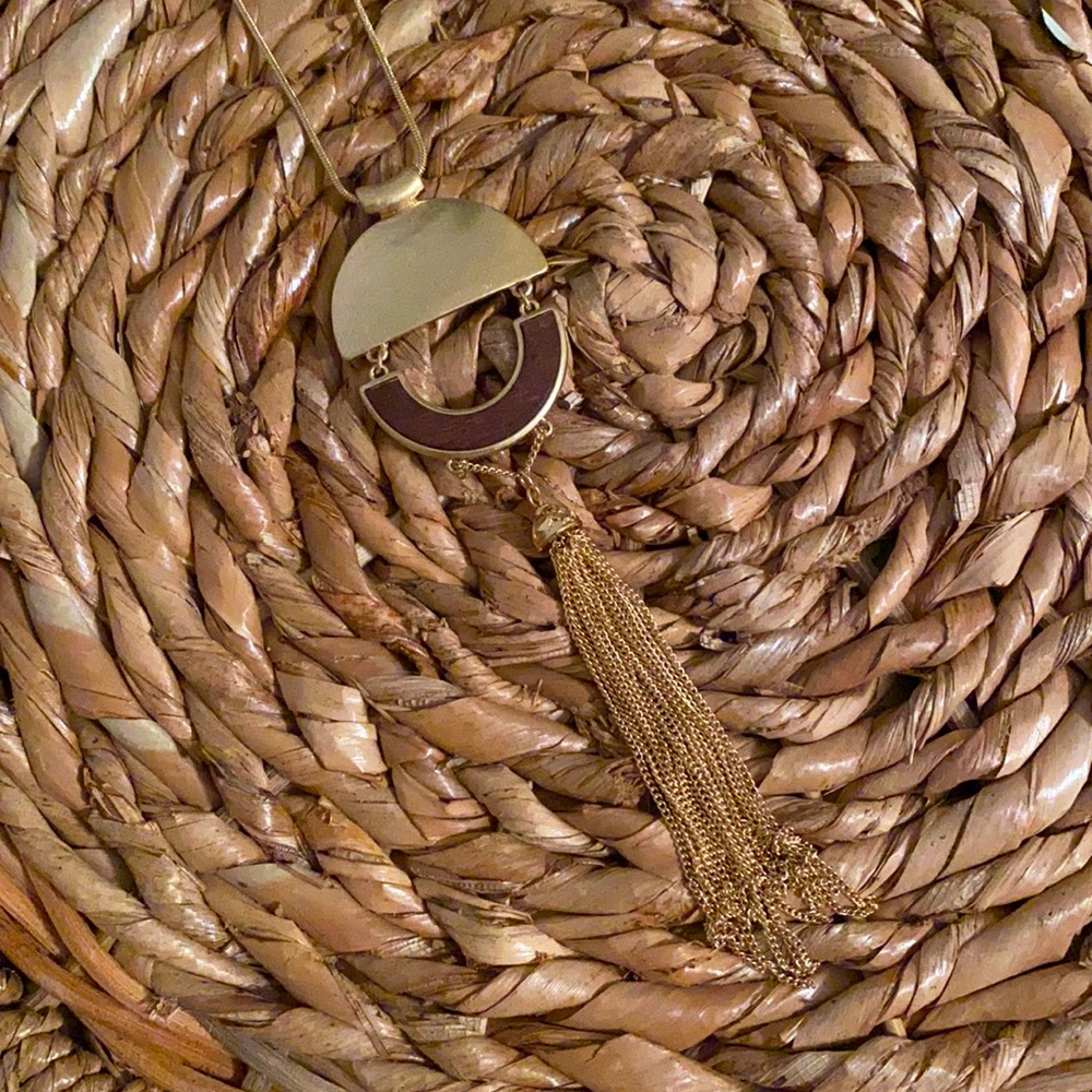 Wood and Gold Long Statement Necklace